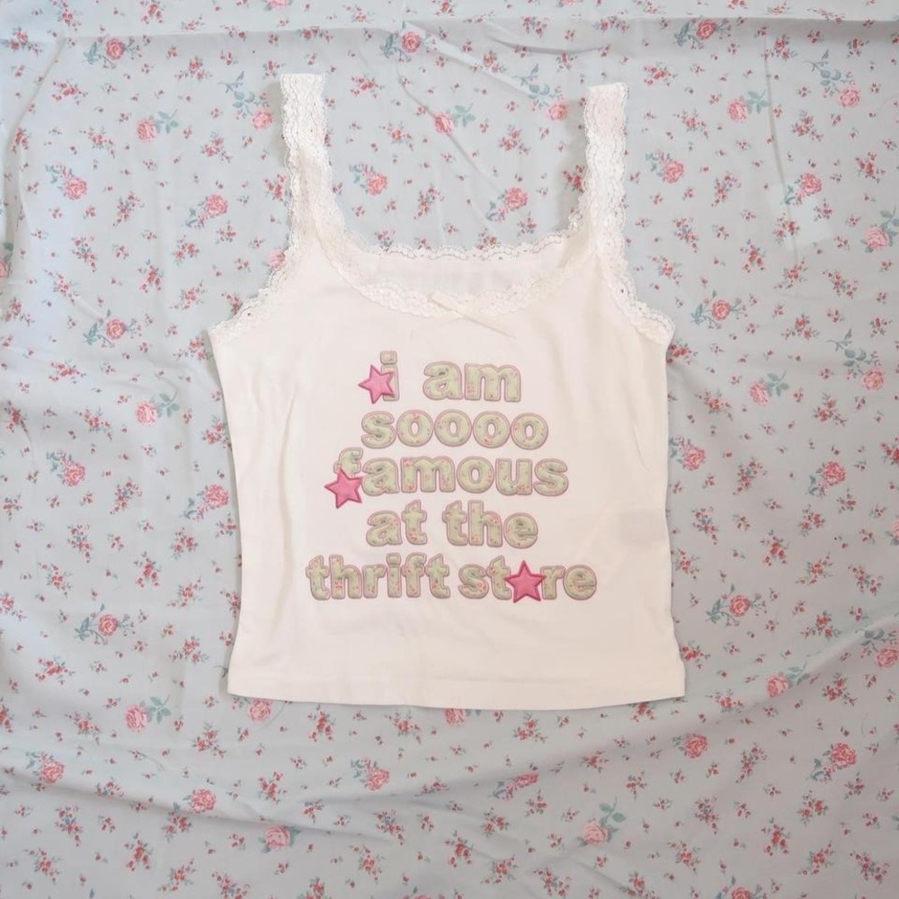 i am so famous at the thrift store cami lace trim baby tee y2k - Picture 4 of 4
